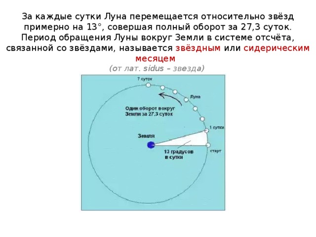 За каждые сутки Луна перемещается относительно звёзд примерно на 13°, совершая полный оборот за 27,3 суток. Период обращения Луны вокруг Земли в системе отсчёта, связанной со звёздами, называется звёздным или сидерическим  месяцем  (от лат. sidus – звезда) 