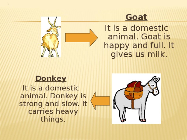 Goat It is a domestic animal. Goat is happy and full. It gives us milk. Donkey It is a domestic animal. Donkey is strong and slow. It carries heavy things. 