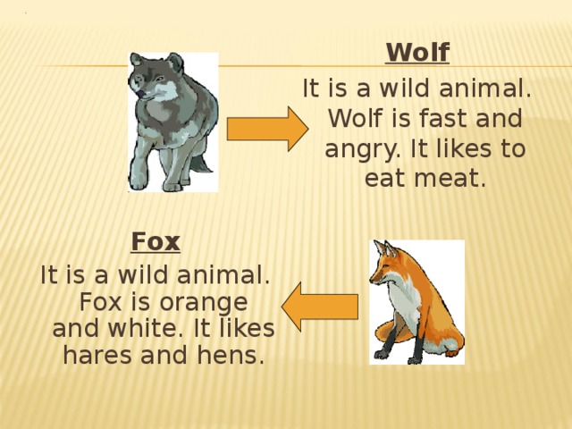 Wolf It is a wild animal. Wolf is fast and angry. It likes to eat meat. Fox It is a wild animal. Fox is orange and white. It likes hares and hens. 