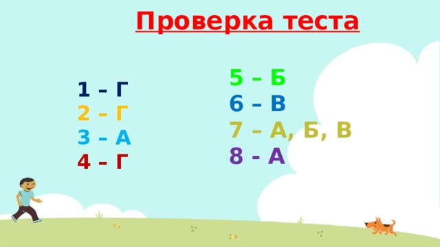  Проверка теста  1 – Г 2 – Г 3 – А 4 – Г  5 – Б 6 – В 7 – А, Б, В 8 - А 