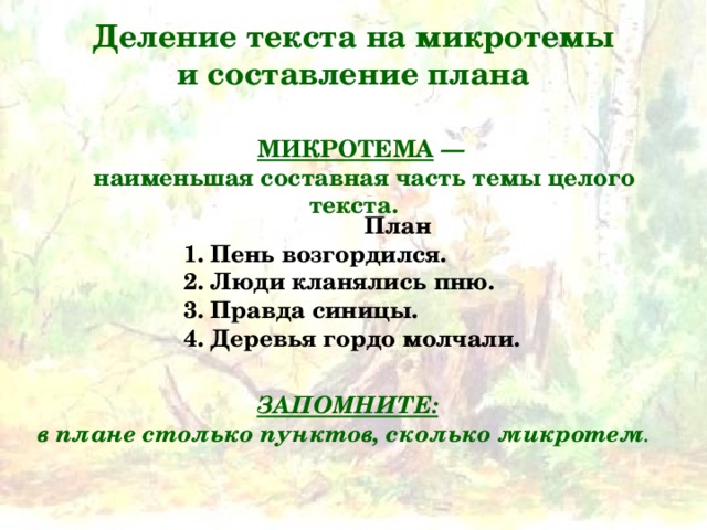 Текст 4 микротемы. План микротемы. Что такое микротемы и план текста. Старый пень план. Пни план.