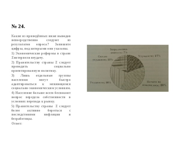 № 24. Какие из приведённых ниже выводов непосредственно следуют из результатов опроса? Запишите цифры, под которыми они указаны. 1) Экономические реформы в стране Zпотерпели неудачу. 2) Правительству страны Z следует проводить социально ориентированную политику. 3) Лишь отдельные группы населения могут быстро адаптироваться к меняющимся социально-экономическим условиям. 4) Население больше всего беспокоит вопрос передела собственности в условиях перехода к рынку. 5) Правительству страны Z следует более активно бороться с последствиями инфляции и безработицы. Ответ: 