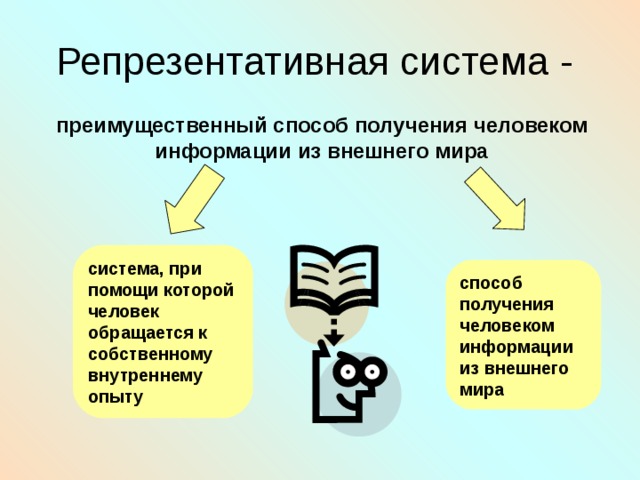 Репрезентативная система - преимущественный способ получения человеком информации из внешнего мира система, при помощи которой человек обращается к собственному внутреннему опыту способ получения человеком информации из внешнего мира 