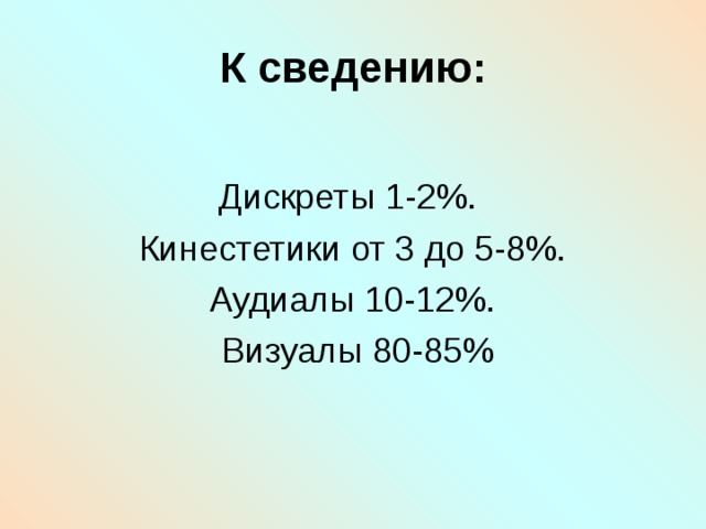 К сведению: Дискреты 1-2%. Кинестетики от 3 до 5-8%.  Аудиалы 10-12%.  Визуалы 80-85% 