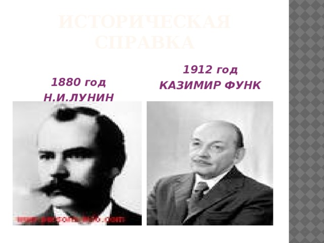 ИСТОРИЧЕСКАЯ СПРАВКА 1880 год 1912 год Н.И.ЛУНИН КАЗИМИР ФУНК 