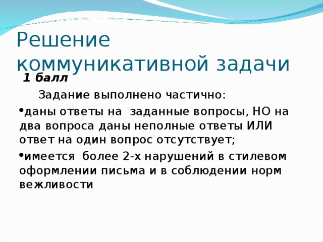 Решение коммуникативной задачи  1 балл  Задание выполнено частично: даны ответы на заданные вопросы, НО на два вопроса даны неполные ответы ИЛИ ответ на один вопрос отсутствует; имеется более 2-х нарушений в стилевом оформлении письма и в соблюдении норм вежливости 