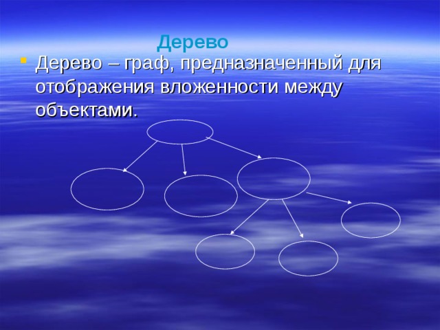 Дерево  Дерево – граф, предназначенный для отображения вложенности между объектами. 
