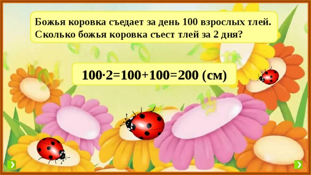 Божья коровка съедает за день 100 взрослых тлей. Сколько божья коровка съест тлей за 2 дня? 100·2=100+100=200 (см) 