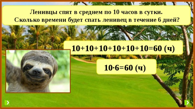 Ленивцы спят в среднем по 10 часов в сутки.  Сколько времени будет спать ленивец в течение 6 дней? 10+10+10+10+10+10=60 (ч) 10·6=60 (ч)  