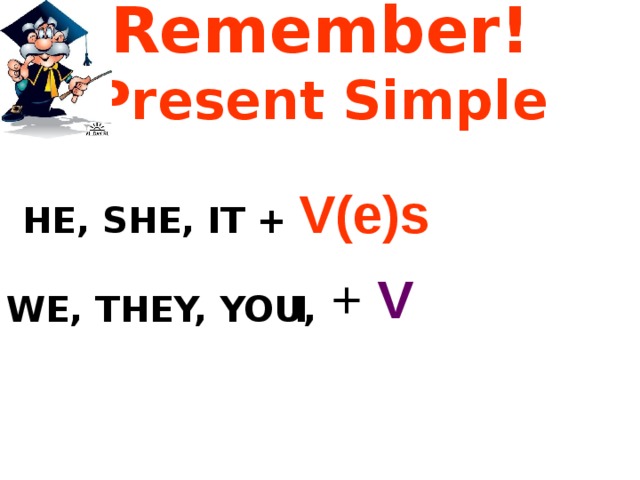 Remember!  Present Simple = HE, SHE, IT + V(e)s + V I WE, THEY, YOU, 