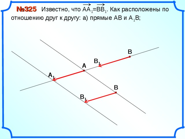  № 325 Известно, что АА 1 =ВВ 1 . Как расположены по отношению друг к другу: а) прямые АВ и А 1 В; В В 1 А А А 1 А 1 В «Геометрия 10-11» Л.С. Атанасян и др. В 1 11 