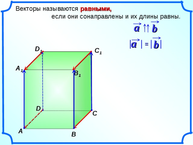  Векторы называются равными,  если они сонаправлены и их длины равны. a b a b = D 1 C 1 A 1 B 1 «Геометрия 10-11» Л.С. Атанасян и др. Рисунки Савченко Е.М.  D C A B 7 
