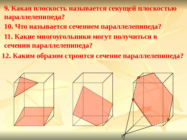 9. Какая плоскость называется секущей плоскостью параллелепипеда? 10. Что называется сечением параллелепипеда? 11. Какие многоугольники могут получиться в сечении параллелепипеда? 12. Каким образом строится сечение параллелепипеда? 