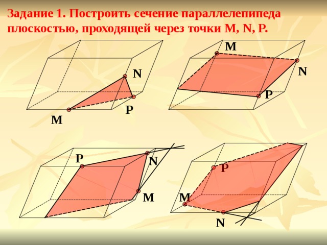 Задание 1. Построить сечение параллелепипеда  плоскостью, проходящей через точки M, N, P. M N N P P M P N P M M N 