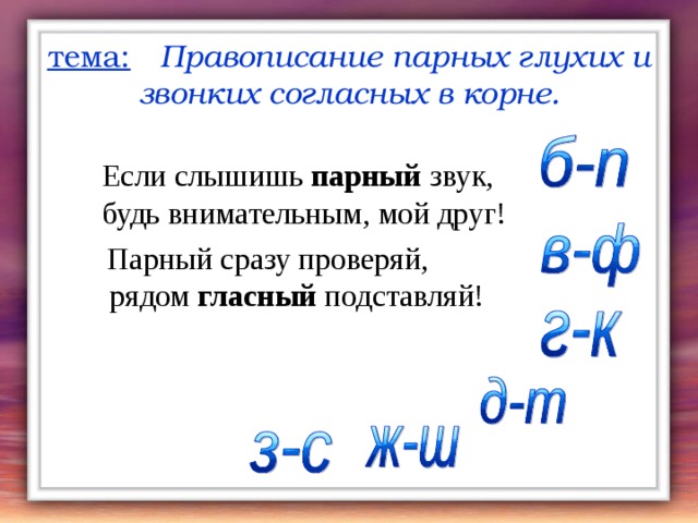 Правописание парных согласных 1 класс презентация