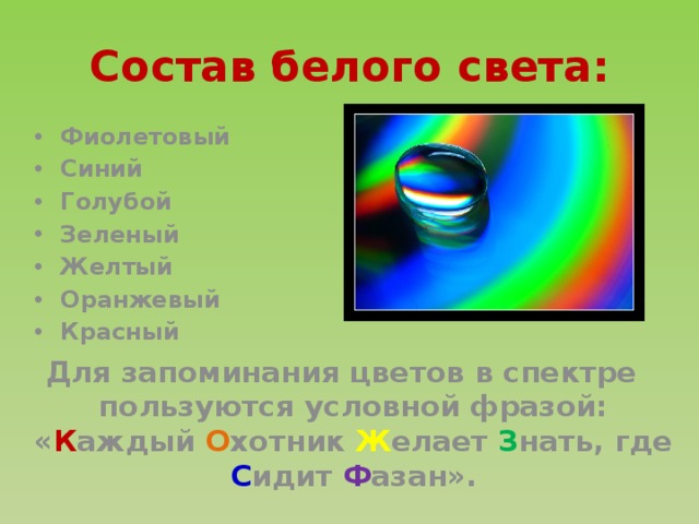 Состав белого света: Фиолетовый Синий Голубой Зеленый Желтый Оранжевый Красный Для запоминания цветов в спектре пользуются условной фразой: « К аждый О хотник Ж елает З нать, где С идит Ф азан». 