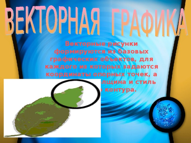 Векторные рисунки формируются из базовых графических объектов, для каждого из которых задаются координаты опорных точек, а также цвет, толщина и стиль линии его контура. 