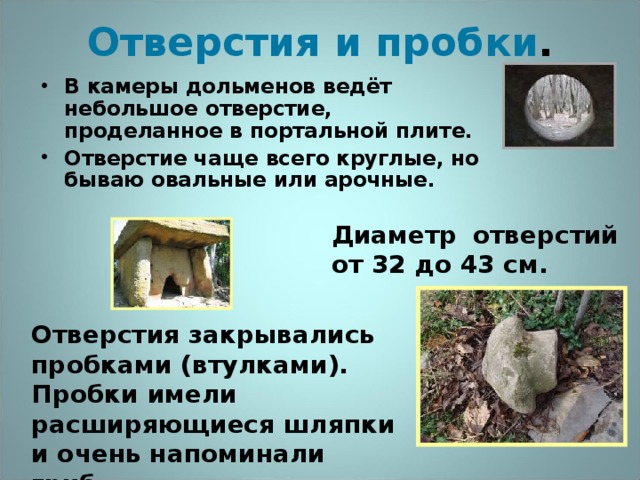 Отверстия и пробки . В камеры дольменов ведёт небольшое отверстие, проделанное в портальной плите. Отверстие чаще всего круглые, но бываю овальные или арочные. Диаметр отверстий от 32 до 43 см. Отверстия закрывались пробками (втулками). Пробки имели расширяющиеся шляпки и очень напоминали гриб. 