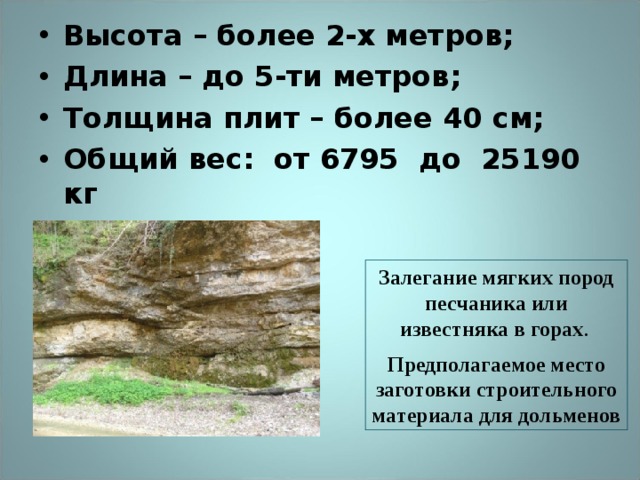 Высота – более 2-х метров; Длина – до 5-ти метров; Толщина плит – более 40 см; Общий вес: от 6795 до 25190 кг  Залегание мягких пород песчаника или известняка в горах .  Предполагаемое место заготовки строительного материала для дольменов 