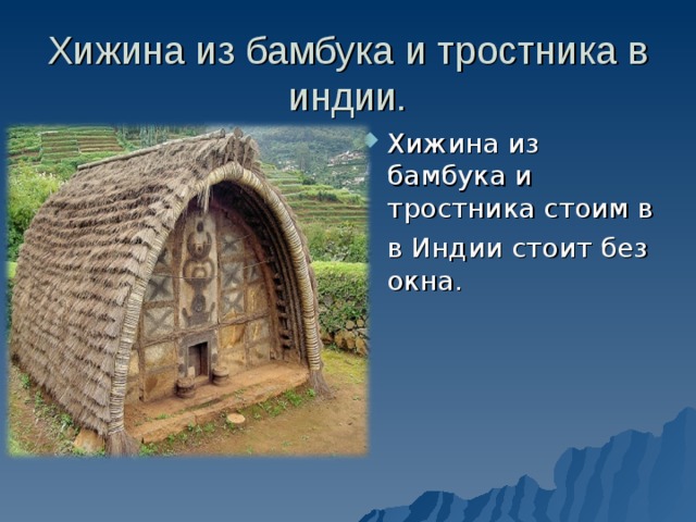 Хижина из бамбука и тростника в индии. Хижина из бамбука и тростника стоим в  в Индии стоит без окна.
