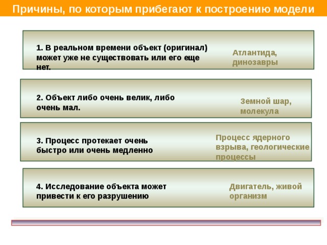 Причины, по которым прибегают к построению модели 1. В реальном времени объект (оригинал) может уже не существовать или его еще нет. Атлантида, динозавры 2. Объект либо очень велик, либо очень мал. Земной шар, молекула Процесс ядерного взрыва, геологические процессы 3. Процесс протекает очень быстро или очень медленно 4. Исследование объекта может привести к его разрушению Двигатель, живой организм 