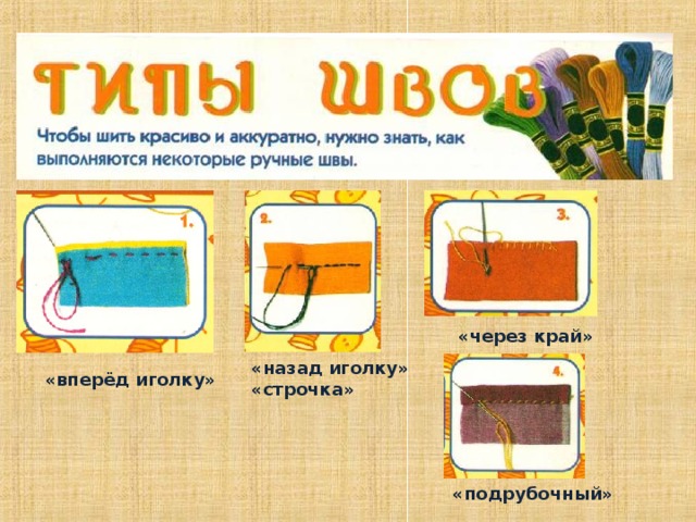 «через край» «назад иголку» «строчка» «вперёд иголку» «подрубочный» 