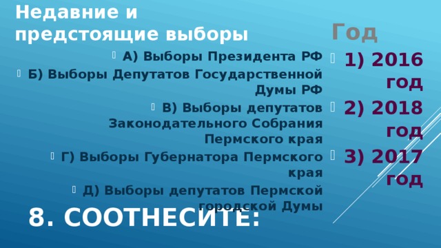 Недавние и предстоящие выборы Год 1) 2016 год 2) 2018 год 3) 2017 год А) Выборы Президента РФ Б) Выборы Депутатов Государственной Думы РФ В) Выборы депутатов Законодательного Собрания Пермского края Г) Выборы Губернатора Пермского края Д) Выборы депутатов Пермской городской Думы 8. Соотнесите: 