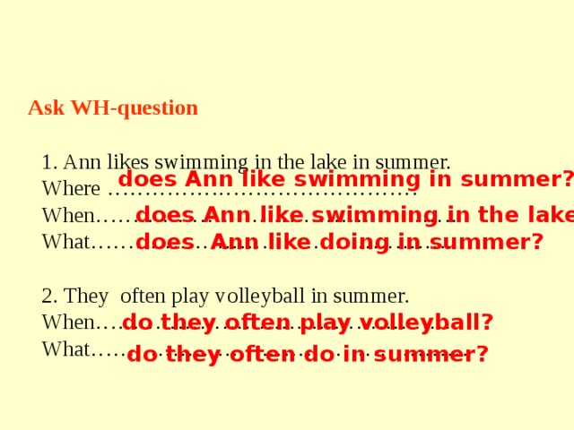 Ann likes. Do Ann или does Ann. Does they like swimming. Исправьте ошибки they does like swimming. Jane likes to Swim in Summer. (When) сделать вопросительные предложение.