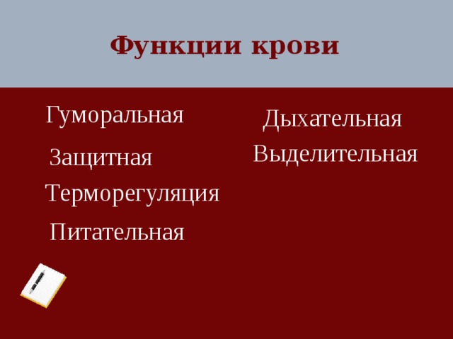 Функции крови Гуморальная Дыхательная Выделительная Защитная Терморегуляция Питательная