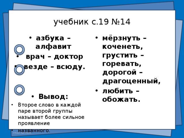  учебник с.19 №14 азбука – алфавит врач – доктор везде – всюду. мёрзнуть – коченеть, грустить – горевать, дорогой – драгоценный, любить – обожать. Вывод: Второе слово в каждой паре второй группы называет более сильное проявление названного. 