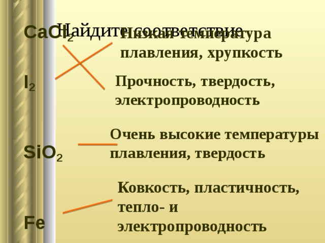 Найдите соответствие CaCl 2 I 2 SiO 2 Fe Низкая температура плавления, хрупкость Прочность, твердость, электропроводность Очень высокие температуры плавления, твердость Ковкость, пластичность, тепло- и электропроводность