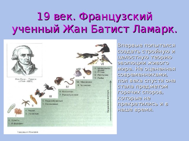 19 век. Французский ученный Жан Батист Ламарк. Впервые попытался создать стройную и целостную теорию эволюции живого мира. Не оцененная современниками, пол века спустя она стала предметом горячих споров, которые не прекратились и в наше время. 