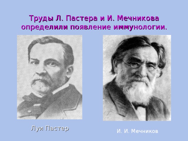 Труды Л. Пастера и И. Мечникова определили появление иммунологии.  Луи Пастер  И. И. Мечников 