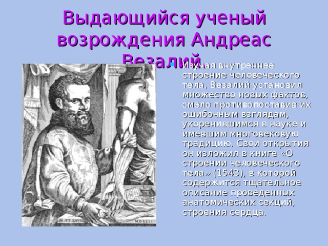 Выдающийся ученый возрождения Андреас Везалий. Изучая внутреннее строение человеческого тела, Везалий установил множество новых фактов, смело противопоставив их ошибочным взглядам, укоренившимся в науке и имевшим многовековую традицию. Свои открытия он изложил в книге «О строении человеческого тела» (1543), в которой содержится тщательное описание проведенных анатомических секций, строения сердца. 