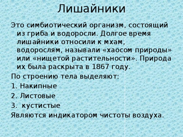 Лишайники Это симбиотический организм, состоящий из гриба и водоросли. Долгое время лишайники относили к мхам, водорослям, называли «хаосом природы» или «нищетой растительности». Природа их была раскрыта в 1867 году. По строению тела выделяют: Накипные Листовые  кустистые Являются индикатором чистоты воздуха. 