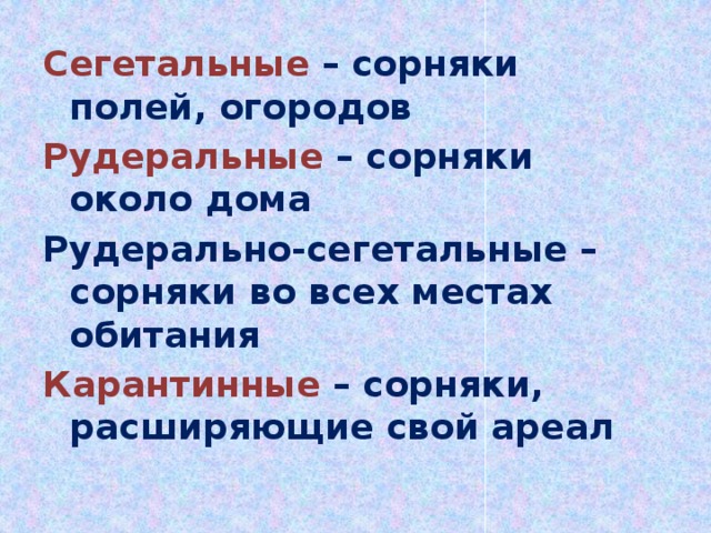 Сегетальные – сорняки полей, огородов Рудеральные – сорняки около дома Рудерально-сегетальные – сорняки во всех местах обитания Карантинные – сорняки, расширяющие свой ареал 