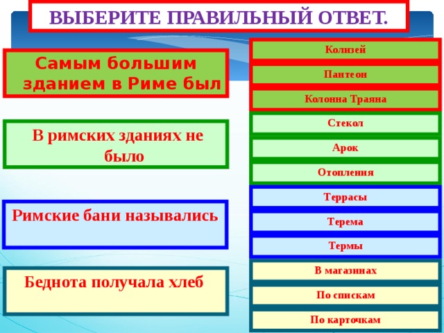ВЫБЕРИТЕ ПРАВИЛЬНЫЙ ОТВЕТ. Колизей Самым большим зданием в Риме был Пантеон Колонна Траяна Стекол  В римских зданиях не было Арок Отопления Террасы Римские бани назывались Терема Термы В магазинах Беднота получала хлеб По спискам По карточкам 