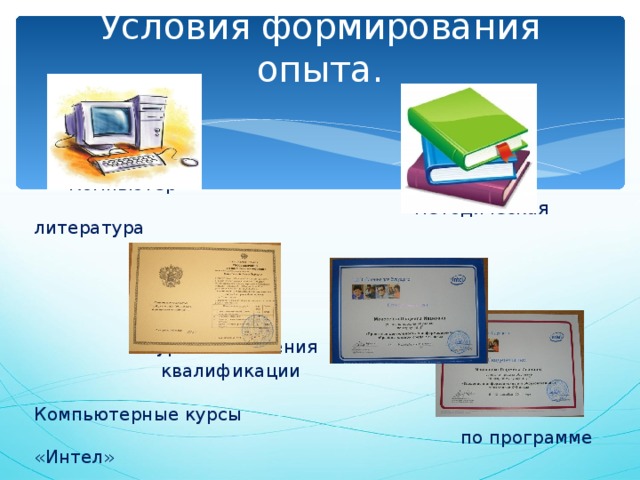 Условия формирования опыта.    Компьютер  методическая литература  Курсы повышения  квалификации  Компьютерные курсы  по программе «Интел» 