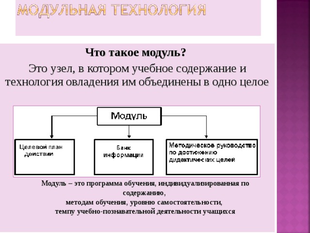 Что такое модуль? Это узел, в котором учебное содержание и технология овладения им объединены в одно целое Модуль – это программа обучения, индивидуализированная по содержанию, методам обучения, уровню самостоятельности, темпу учебно-познавательной деятельности учащихся 