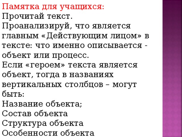 Памятка для учащихся: Прочитай текст. Проанализируй, что является главным «Действующим лицом» в тексте: что именно описывается - объект или процесс. Если «героем» текста является объект, тогда в названиях вертикальных столбцов – могут быть: Название объекта; Состав объекта Структура объекта Особенности объекта 