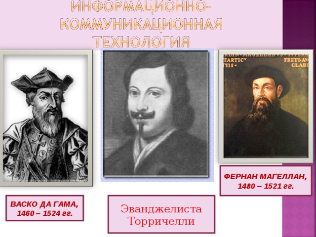 ФЕРНАН МАГЕЛЛАН , 1480 – 1521 гг. ВАСКО ДА ГАМА , 1460 – 1524 гг. Эванджелиста Торричелли 