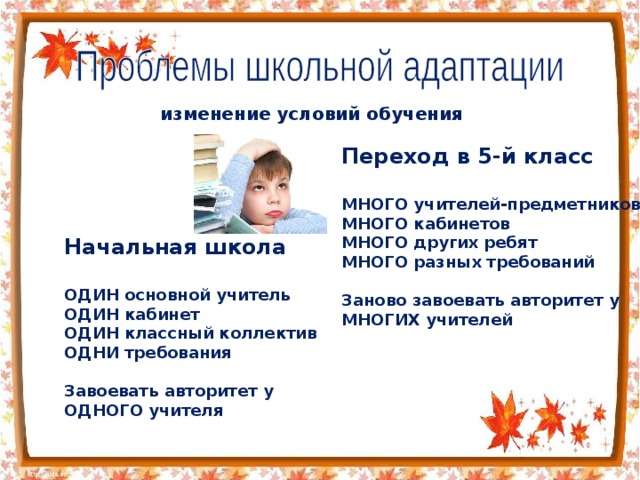 изменение условий обучения  Переход в 5-й класс  МНОГО учителей-предметников МНОГО кабинетов МНОГО других ребят МНОГО разных требований  Заново завоевать авторитет у МНОГИХ учителей   Начальная школа  ОДИН основной учитель ОДИН кабинет ОДИН классный коллектив ОДНИ требования  Завоевать авторитет у ОДНОГО учителя 
