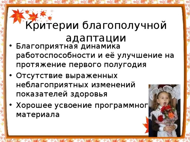 Критерии благополучной адаптации Благоприятная динамика работоспособности и её улучшение на протяжение первого полугодия Отсутствие выраженных неблагоприятных изменений показателей здоровья Хорошее усвоение программного материала 