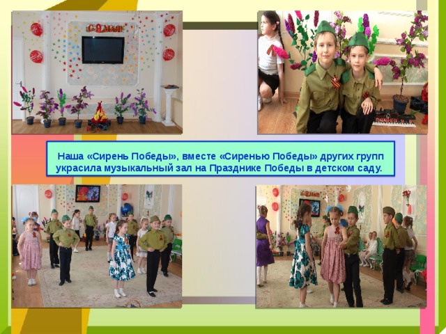  Наша «Сирень Победы», вместе «Сиренью Победы» других групп украсила музыкальный зал на Празднике Победы в детском саду.  