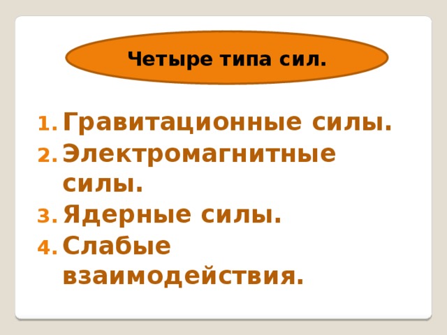 Четыре типа сил. Гравитационные силы. Электромагнитные силы. Ядерные силы. Слабые взаимодействия. 