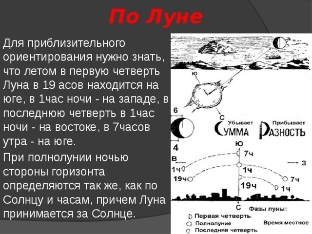 По Луне Для приблизительного ориентирования нужно знать, что летом в первую четверть Луна в 19 асов находится на юге, в 1час ночи - на западе, в последнюю четверть в 1час ночи - на востоке, в 7часов утра - на юге. При полнолунии ночью стороны горизонта определяются так же, как по Солнцу и часам, причем Луна принимается за Солнце. 