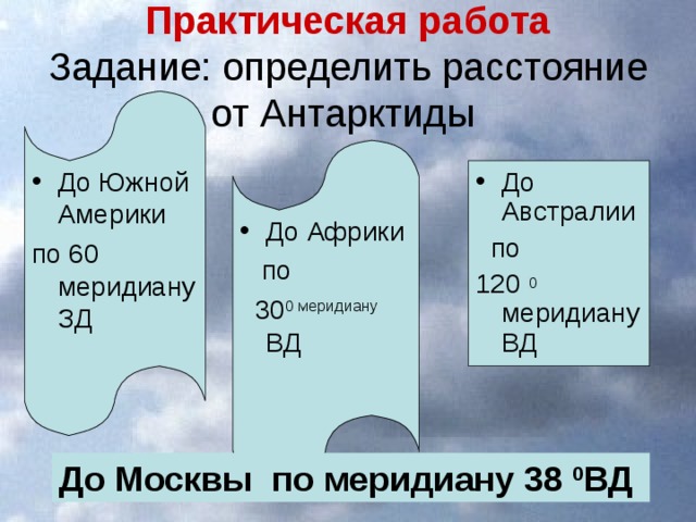 Практическая работа  Задание: определить расстояние  от Антарктиды До Южной Америки по 60 меридиану ЗД До Африки  по  30 0 меридиану ВД До Австралии  по 120 0 меридиану  ВД До Москвы по меридиану 38 0 ВД  