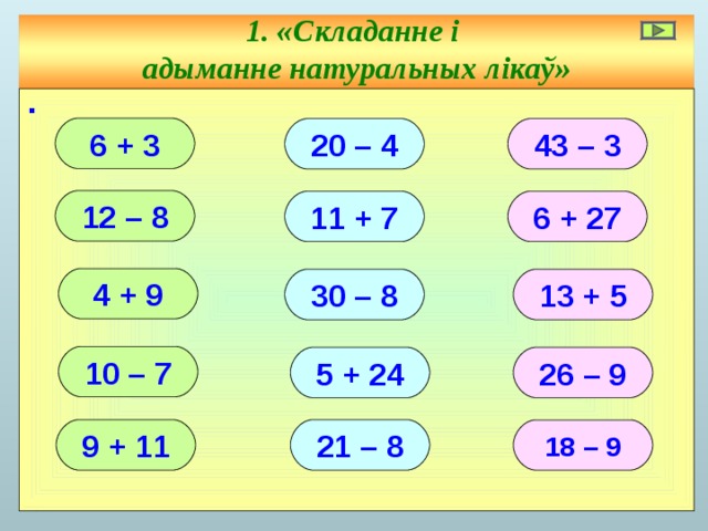 1. «Складанне і  адыманне натуральных лікаў» ∙ 6 + 3 20 – 4 43 – 3 12 – 8 11 + 7 6 + 27 4 + 9 30 – 8 13 + 5 10 – 7 5 + 24 26 – 9 21 – 8 9 + 11 18 – 9 