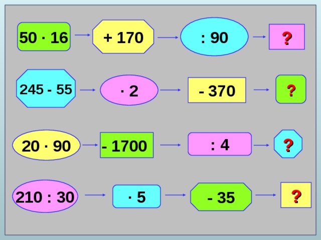 : 90 + 170 50 ∙ 16 ? 245 - 55 ? ∙ 2 - 370 20 ∙ 90 ? - 1700 : 4 210 : 30 ? - 35 ∙ 5 