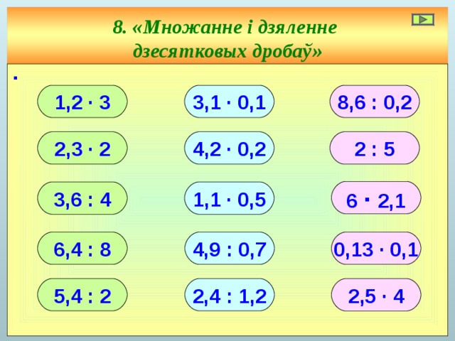 8. «Множанне і дзяленне  дзесятковых дробаў » ∙ 1,2 ∙ 3 3,1 ∙ 0,1 8,6 : 0,2 2,3 ∙ 2 4,2 ∙ 0,2 2 : 5 6 ∙ 2,1 3,6 : 4 1,1 ∙ 0,5 6,4 : 8 0,13 ∙ 0,1 4,9 : 0,7 5,4 : 2 2,4 : 1,2 2,5 ∙ 4 